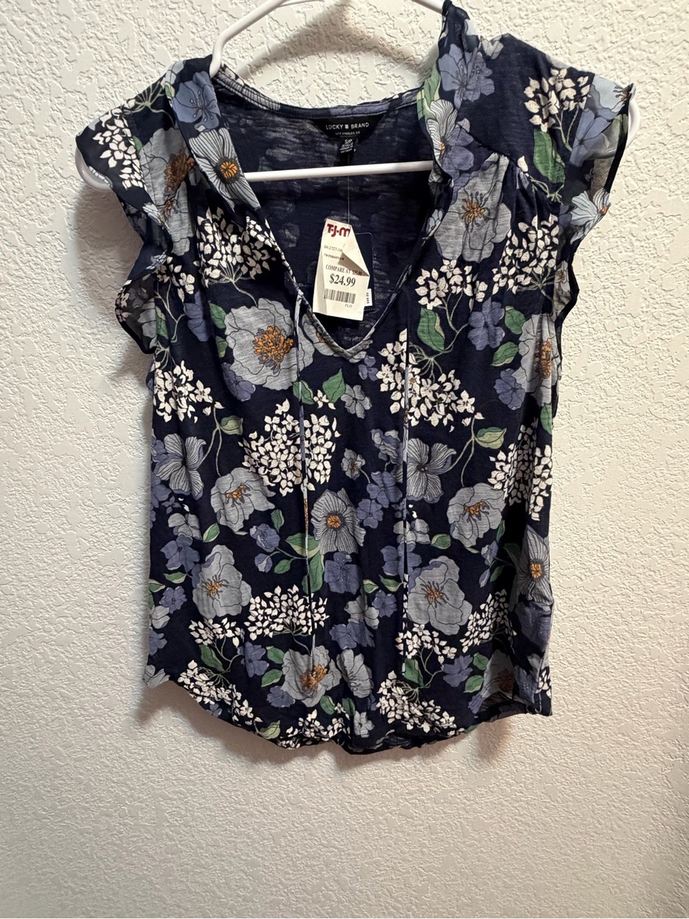 Lucky Brand Navy Floral V-Neck Flutter Sleeve Top